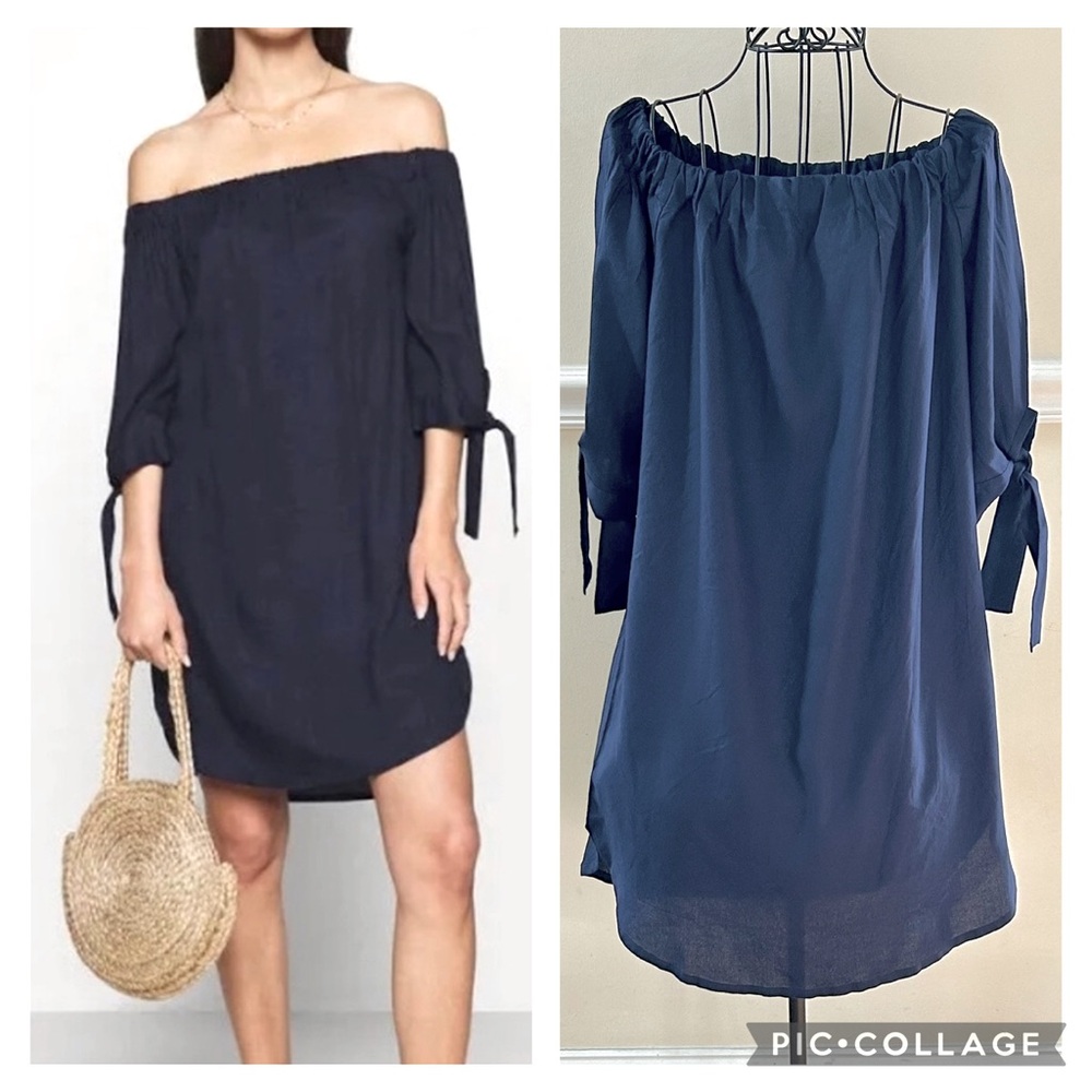 NWT Lascana Off-Shoulder Tie Sleeve Navy Blue Dress